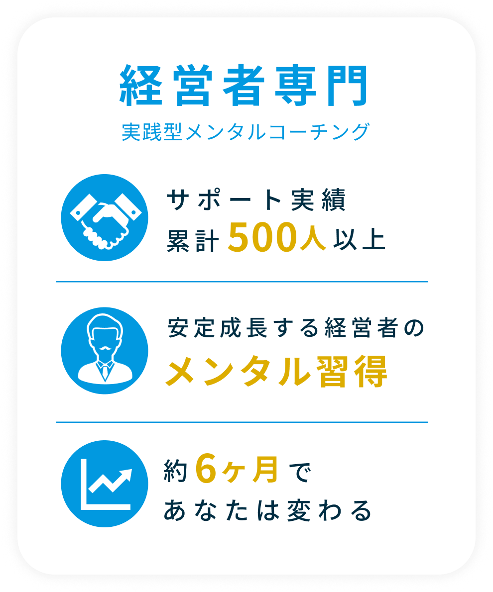 経営者専門実践型メンタルコーチング。サポート実績累計500人以上。安定成長する経営者のメンタル習得。約6ヶ月であなたは変わる